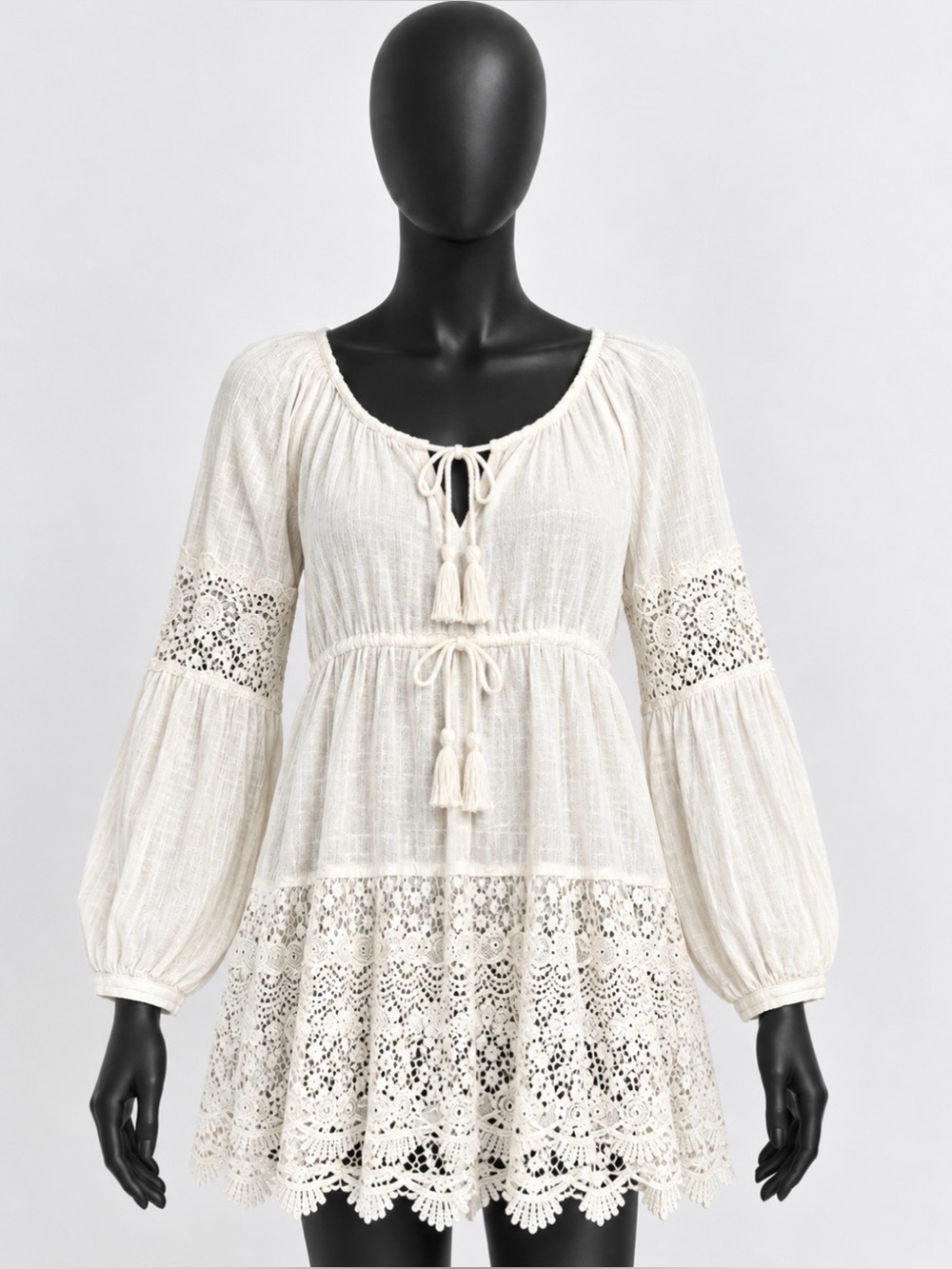 Free People Gauzy Boho Tunic Top Split V-Neck Lace Trim White Cream XS Oversized